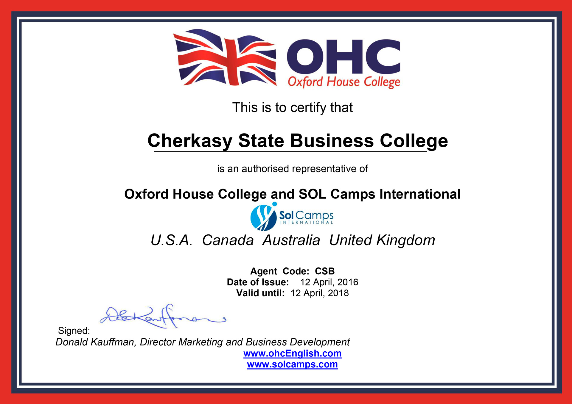 Угода про співпрацю з Oxford House College and SOL Camps International